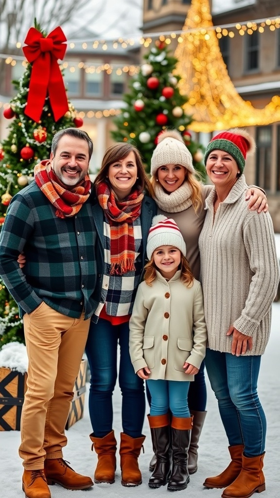 A happy family in coordinated holiday outfits posing for a Christmas card photo in a snowy setting.
